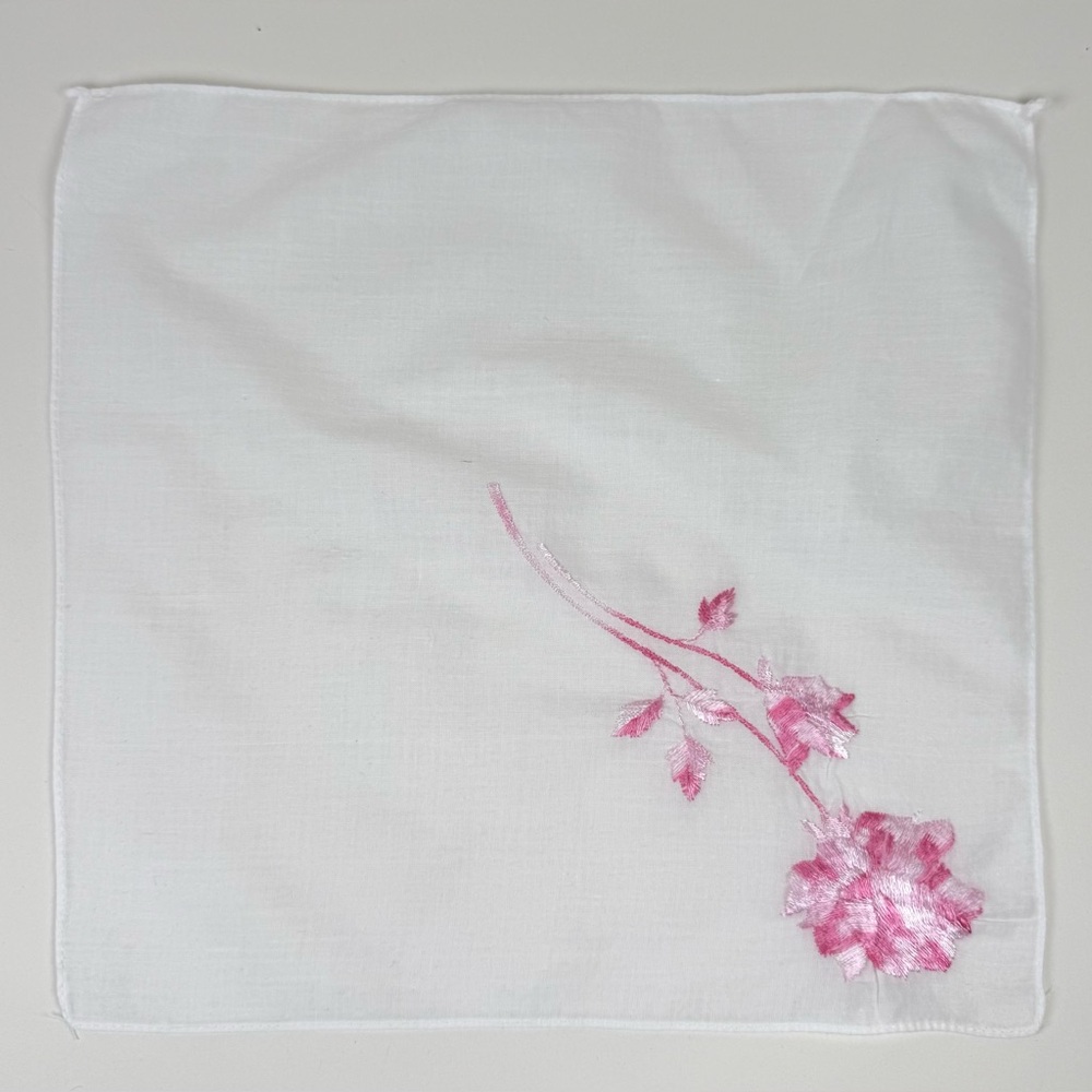 Vintage Pink Floral Embroidered White Cotton Ladies Handkerchief 9" X 9” Square